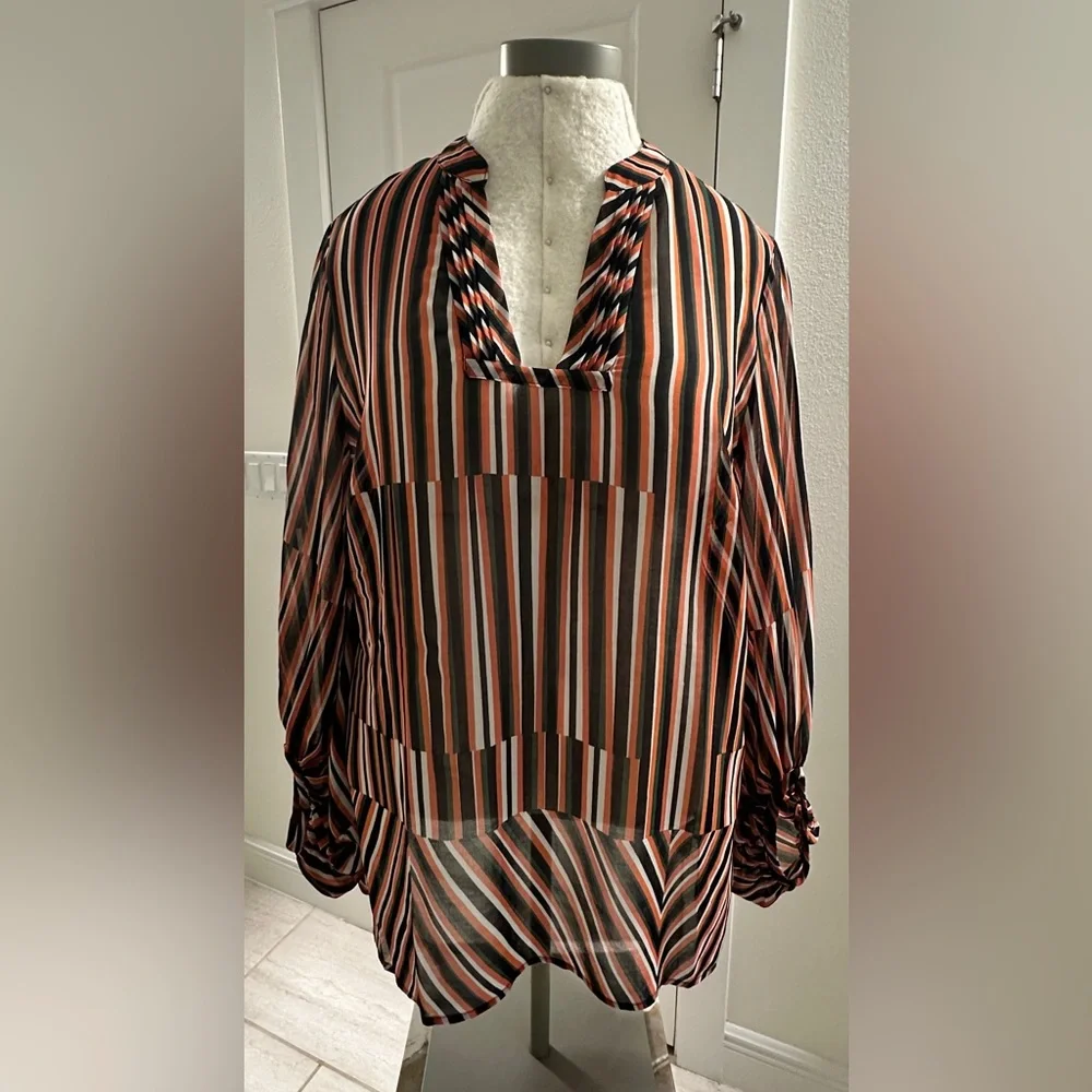 CAbi long sleeved, v-neck, striped sheer pullover‎ blouse. Navy, red, green. - Picture 3 of 12